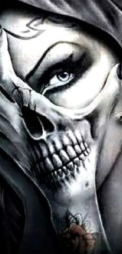 Gothic skeleton artwork with eye and cross earring in monochrome hues.