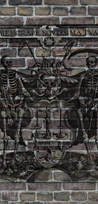 Gothic skeleton artwork on a brick wall background.