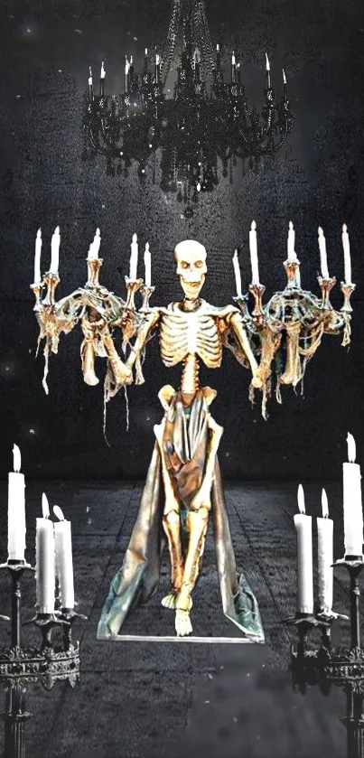 Gothic skeleton holding candle chandeliers in a dark setting.