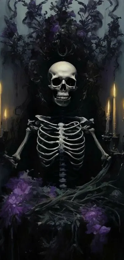 Gothic skeleton with candlelit backdrop.