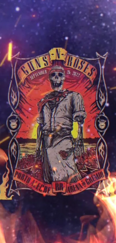 Gothic skeleton concert poster with flames on mobile wallpaper.