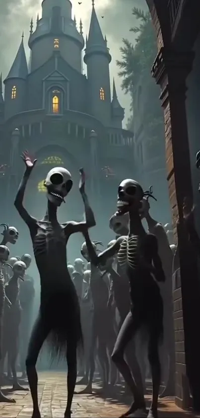 Skeletons dance before a gothic castle at night.