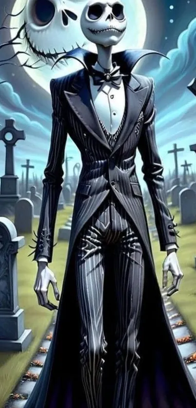 Gothic skeleton in a graveyard at night.