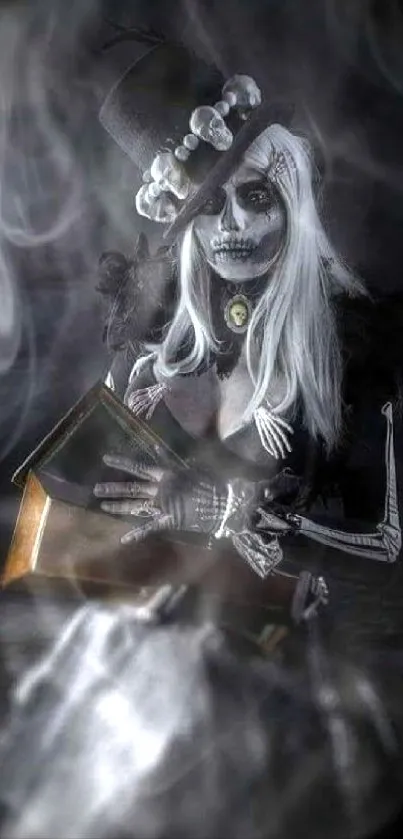 Gothic wallpaper of a skeleton lady in dark attire holding a mysterious book.