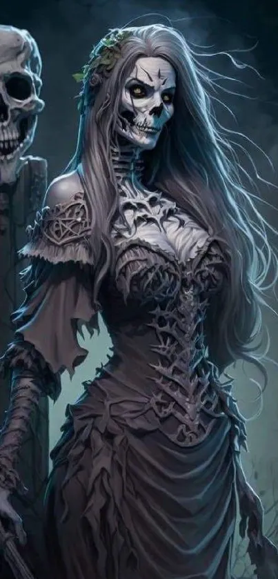 Gothic skeleton lady in detailed dress with flowing hair in dark fantasy art.