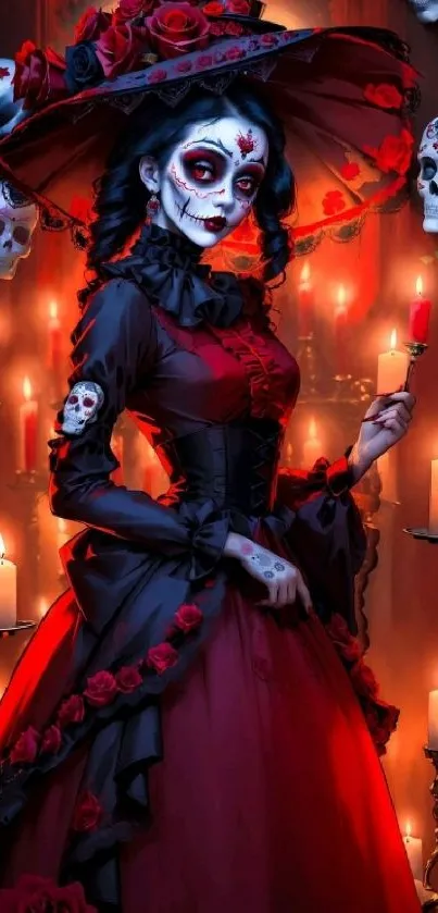 Gothic skeleton lady in red dress with candles and skulls.