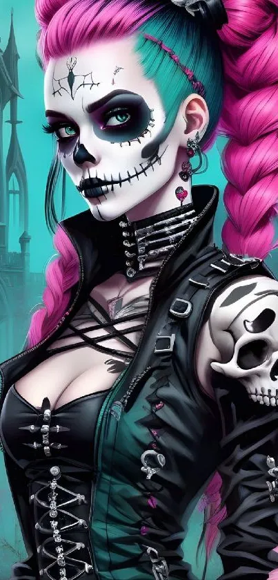 Illustration of a gothic skeleton lady with pink hair and vibrant background.