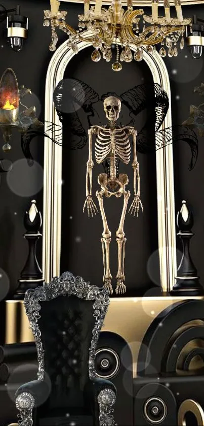 Gothic skeleton with chandelier in black luxury theme.