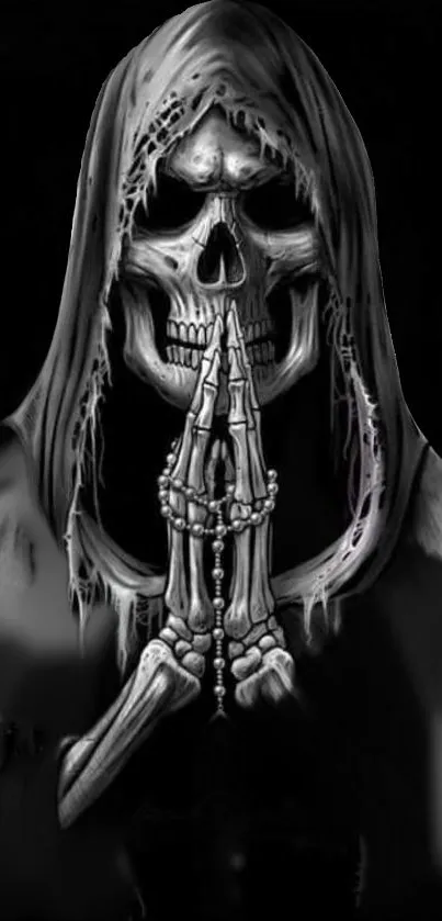 Gothic skeleton in hooded prayer pose on black background.