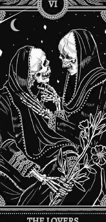 Black and white Gothic skeleton tarot wallpaper featuring The Lovers card.