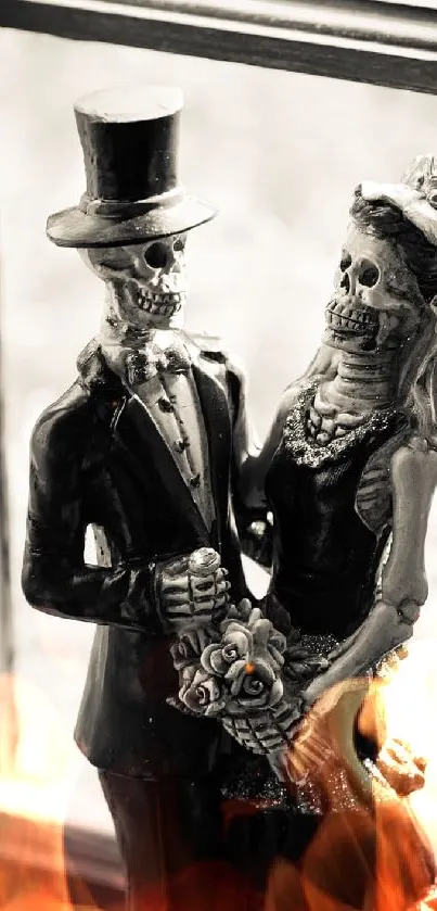 Sepia-toned skeleton couple in wedding attire near window.