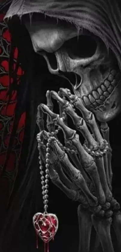 Gothic skeleton holding heart pendant against dark background.