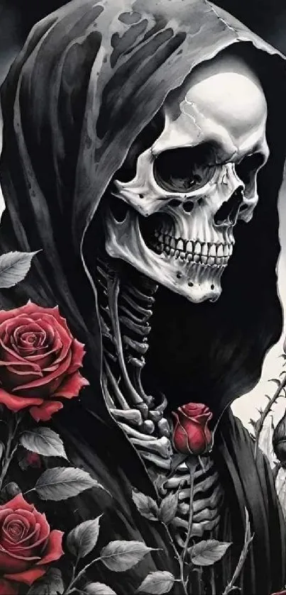 Gothic skeleton in hood with red roses.