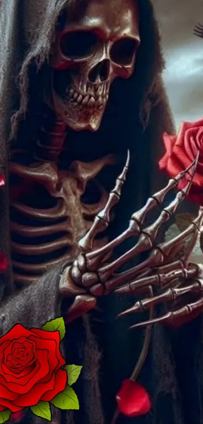 Gothic skeleton with red roses and dark cloak wallpaper.