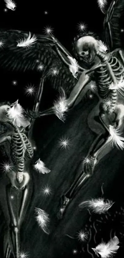 Gothic skeletons with feathers on a dark wallpaper background.