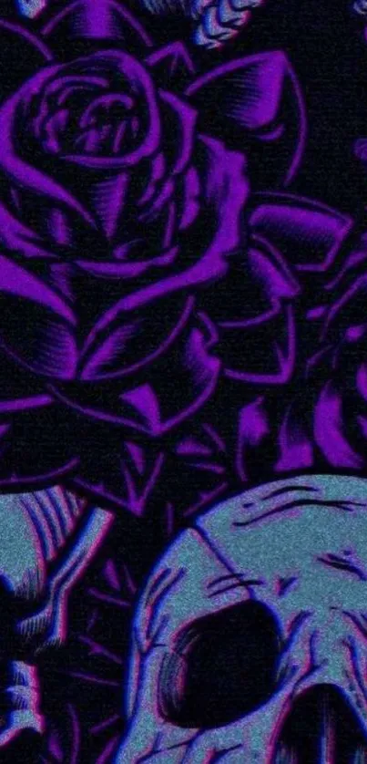 Gothic wallpaper with purple roses and skulls on a dark background.