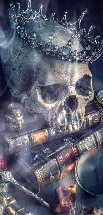 Gothic skull with crown on vintage books, surrounded by mysterious objects.