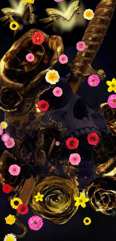 Golden skull and flowers on black background wallpaper.