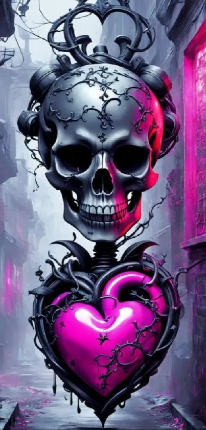 Gothic design featuring a metallic skull and neon pink heart.