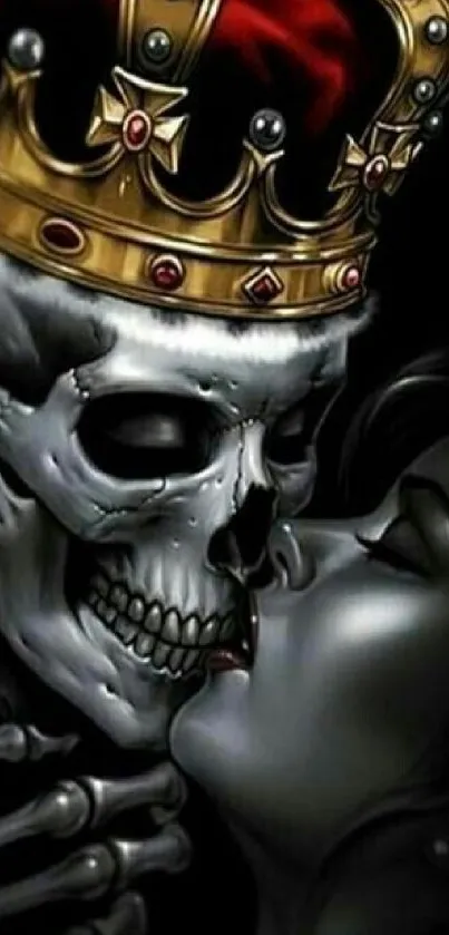 Gothic skull kissing art with crown in dark style.