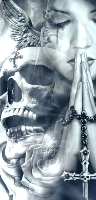 Gothic skull and prayer mobile wallpaper featuring cross art.