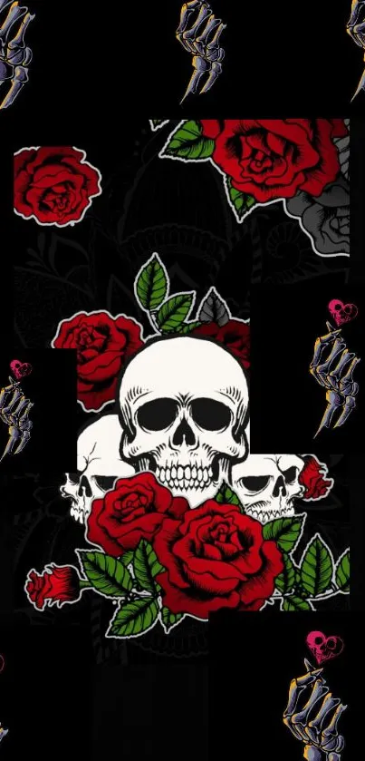 Gothic wallpaper featuring skulls and red roses on a black background.