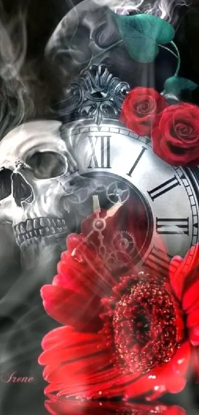 Gothic wallpaper with skull, clock, and red roses.