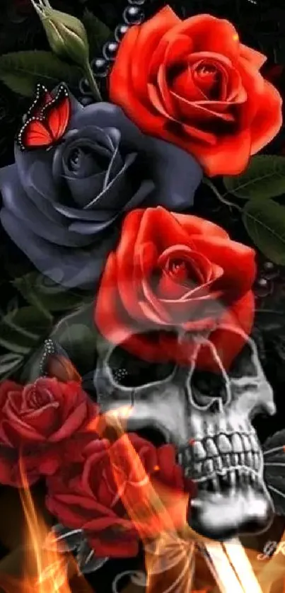 Gothic art with skull, red roses, and butterflies on black background.