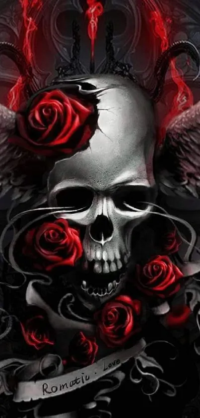 Gothic skull and roses wallpaper with wings and red accents.