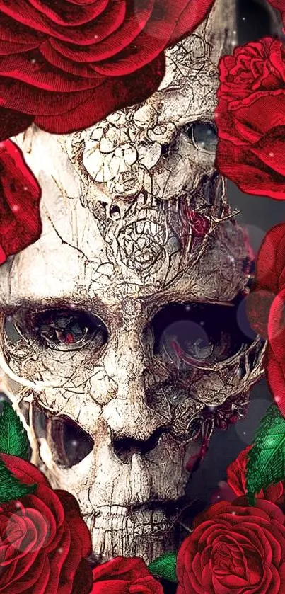 Gothic skull entwined with red roses on wallpaper background.