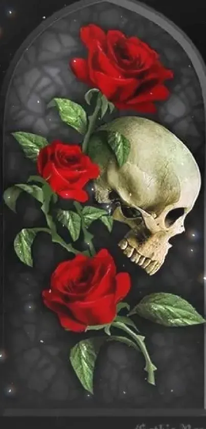 Gothic skull surrounded by red roses on a dark background wallpaper.