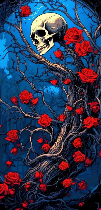 Gothic skull entwined with red roses against a blue background.