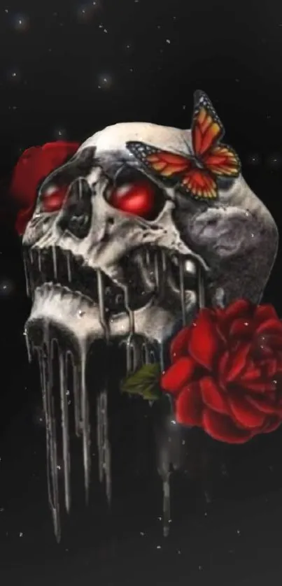 Gothic skull with red roses and a butterfly on a black background.