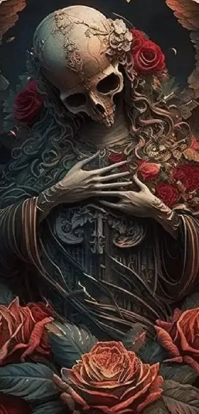 Gothic art wallpaper with skull and red roses.