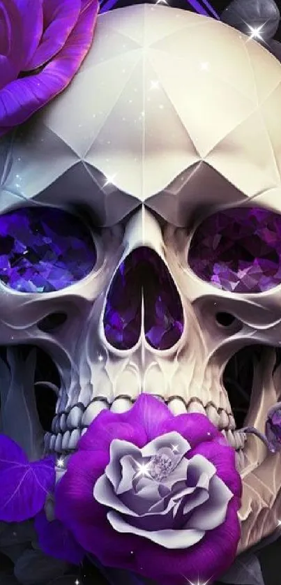 Gothic skull with purple roses wallpaper art.