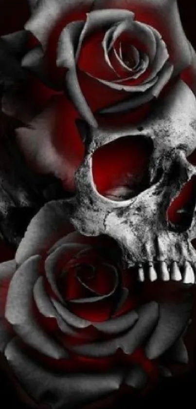 Gothic skull and red roses wallpaper art.