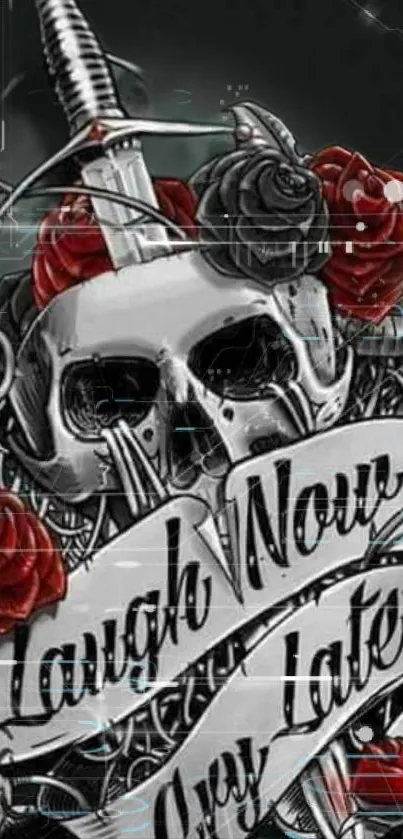 Gothic skull with roses and text design mobile wallpaper.