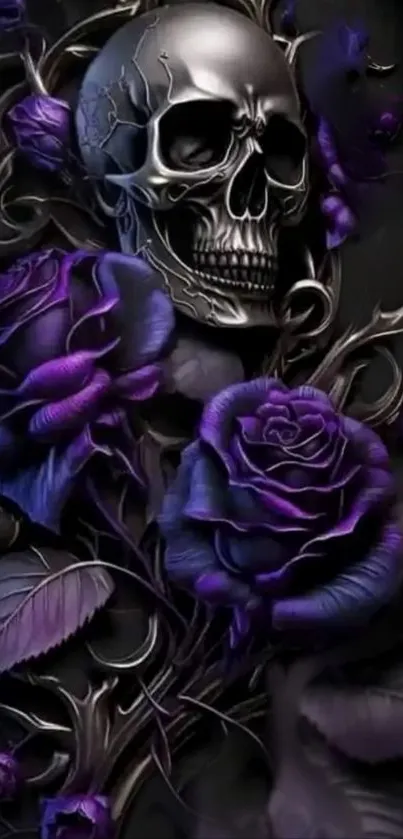 Gothic skull with purple roses on dark background.