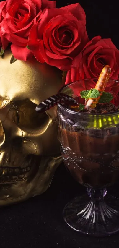 Golden skull with roses and cocktail on dark background.