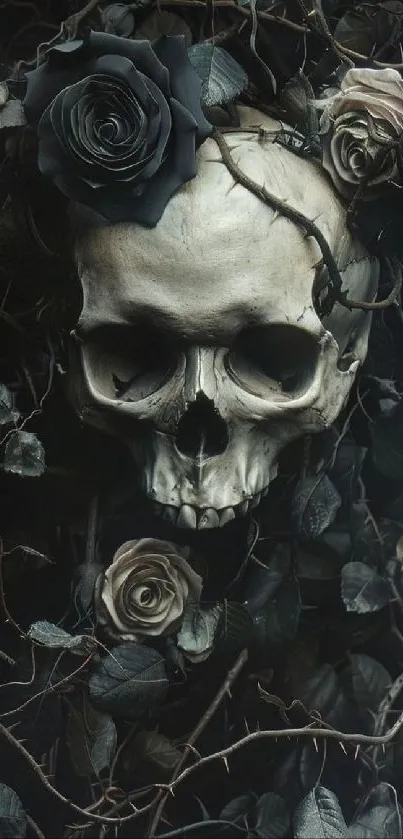 Gothic skull with roses and vines design.