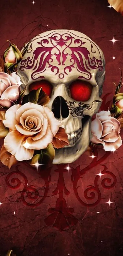 Gothic skull with roses on a dark red background wallpaper.