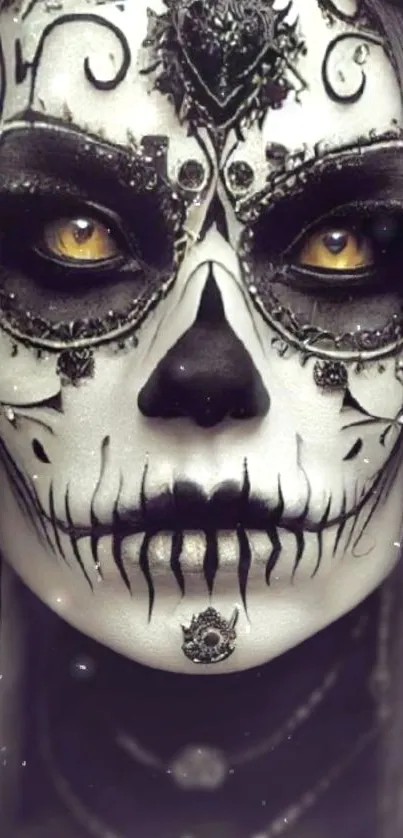 Gothic skull art with intricate face paint in black and white.