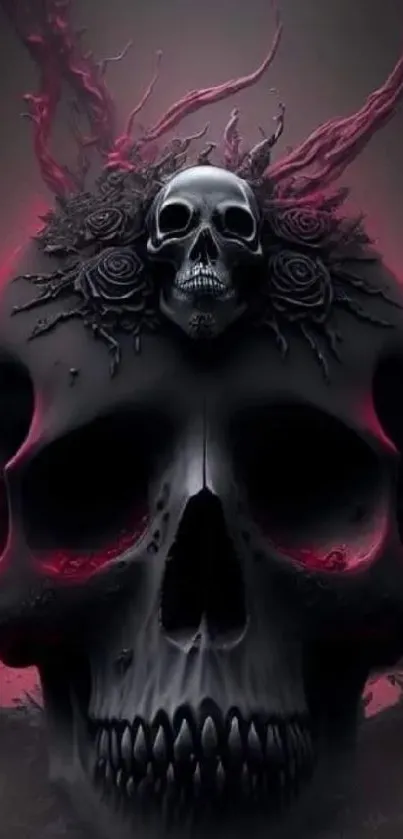 Gothic skull mobile wallpaper with pink highlights and dark tones.