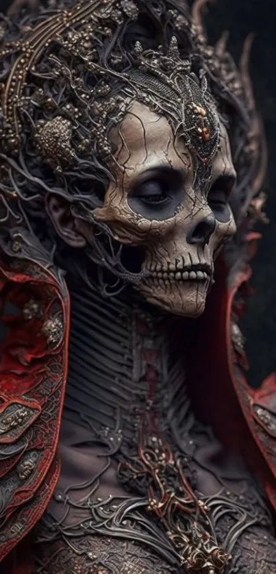 Intricate gothic skull art with dark red and black hues.