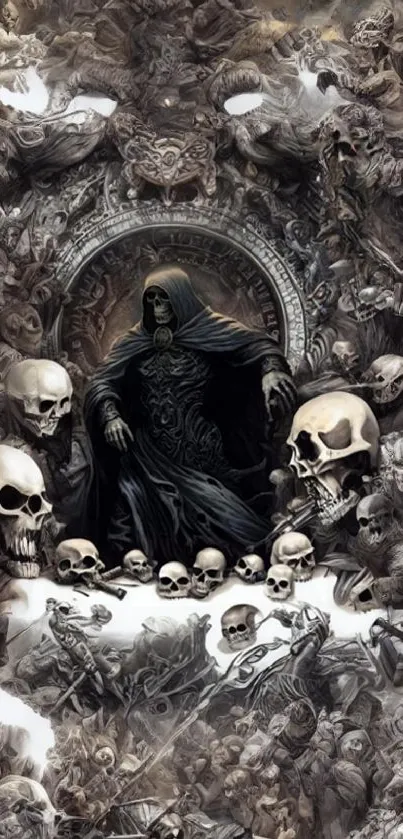 Gothic artwork of a reaper amidst skulls.