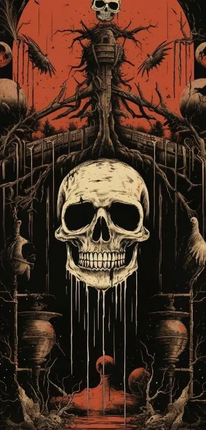 Gothic skull art with dark red background.