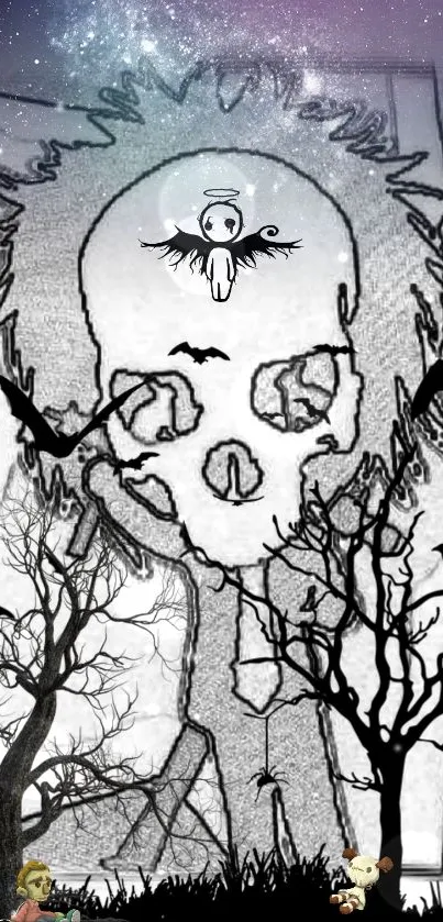 Gothic skull with trees and bats on a dark, mysterious background.