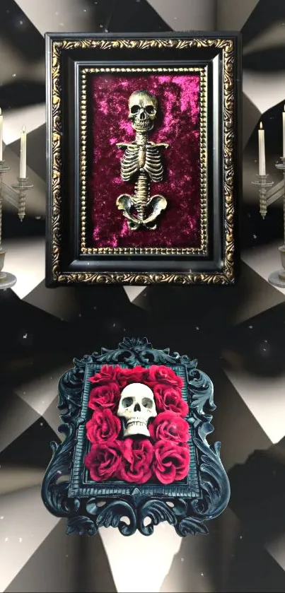 Gothic wallpaper with skulls, roses, and vintage frames.