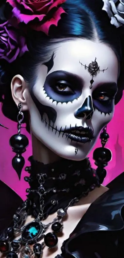 Gothic portrait with vibrant floral skull art