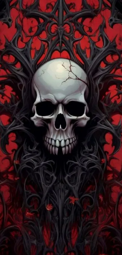 Gothic skull art with dark red and intricate black details.